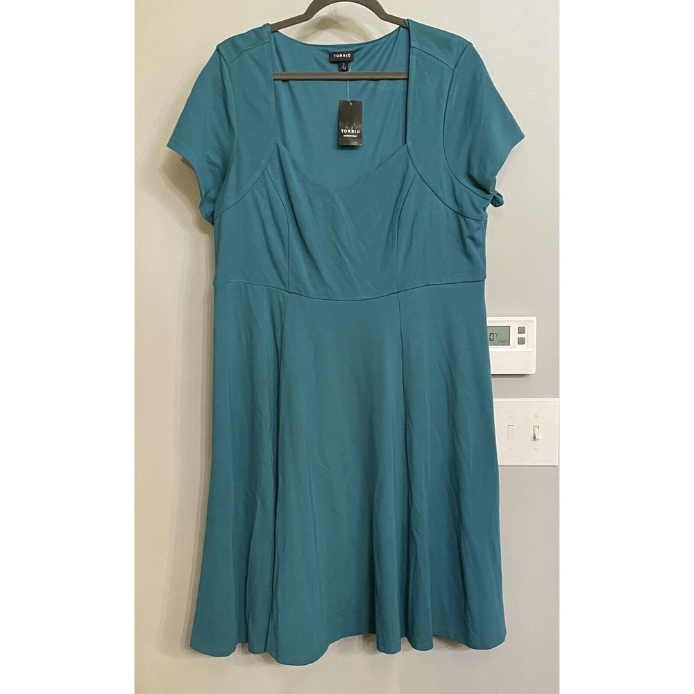 Torrid Aqua Square Neck Flutter Sleeve Ponte Skater Dress Plus Size 2 New